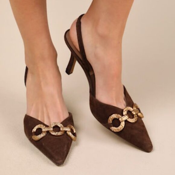 New Dolce Vita Haylee Sling Back Heel in Dk Brown suede kitten pointed toe - Picture 1 of 11